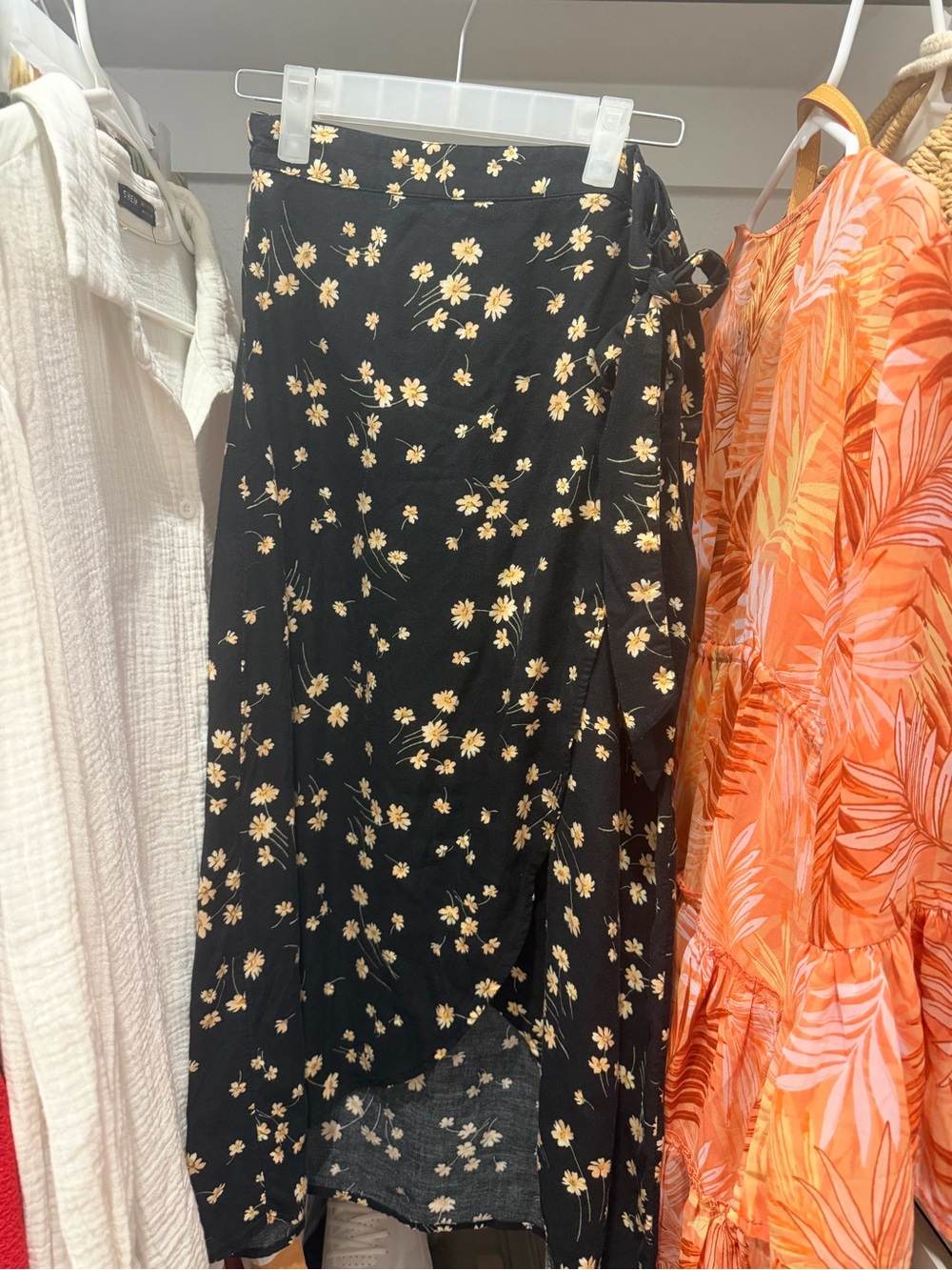 American Eagle Outfitters Black Midi Skirt with Yellow Daisy Print